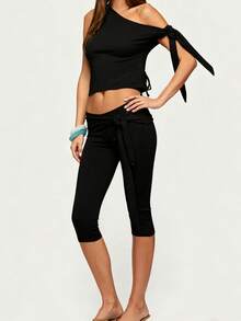 Seven Point Pants For Women Cropped Wide Leg Casual Trousers In Light Blue And Pink Available In S M L - Black - View 2