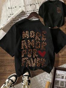 Summer Tops1 Piece Women's Leopard Print Letter Graphic T-Shirt Casual Short Sleeve Round Neck Cute Tops Suitable For Autumn And Back To School In Summer Cotton T-Shirt Summer Outfit - Black - View 6