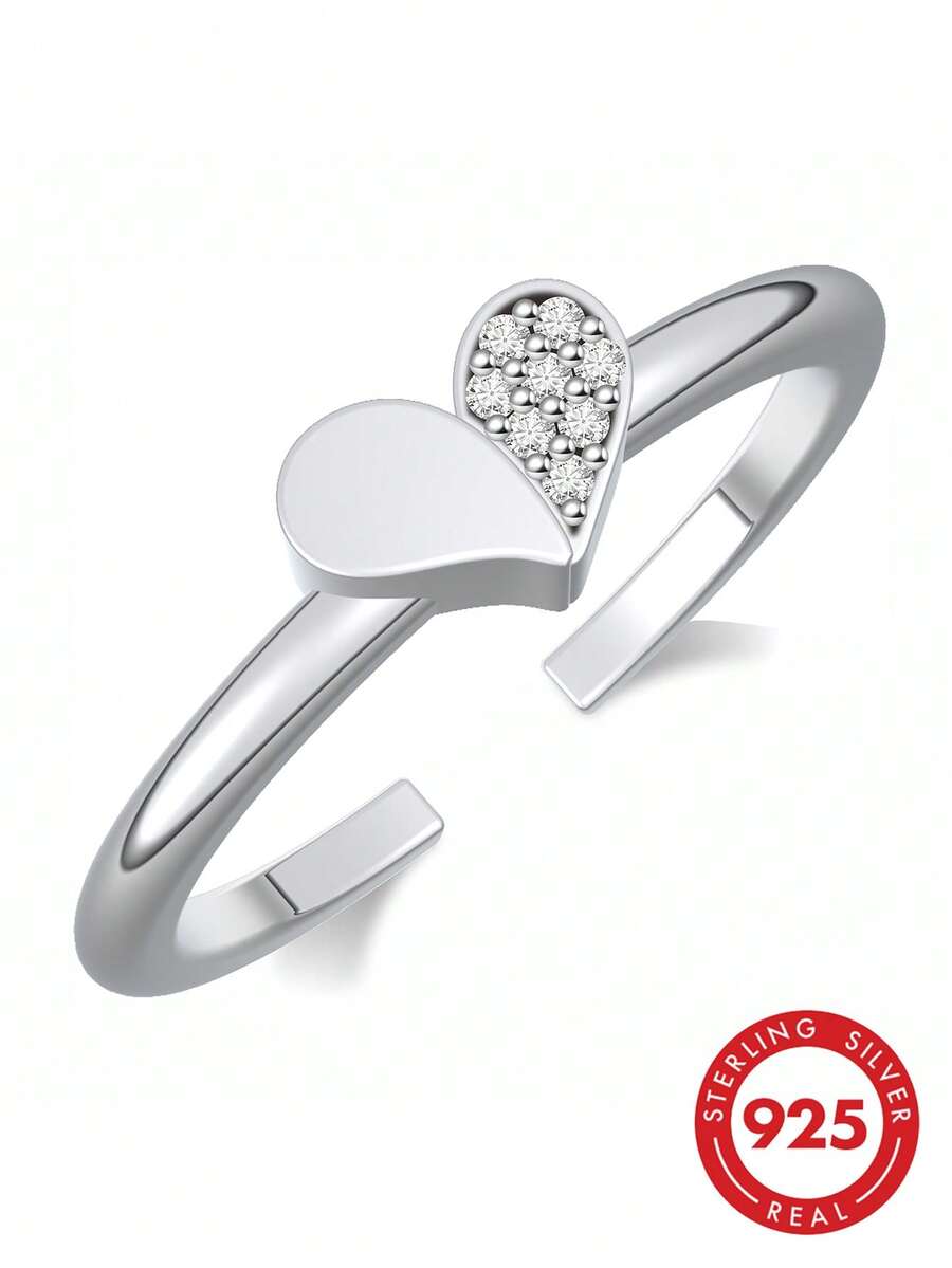 925 Sterling Silver Heart-Shaped Ring With Zirconia Stone, Adjustable Open Design, High Quality, Suitable For Men And Women, Daily Wear, Birthday Gift - Silver - View 1