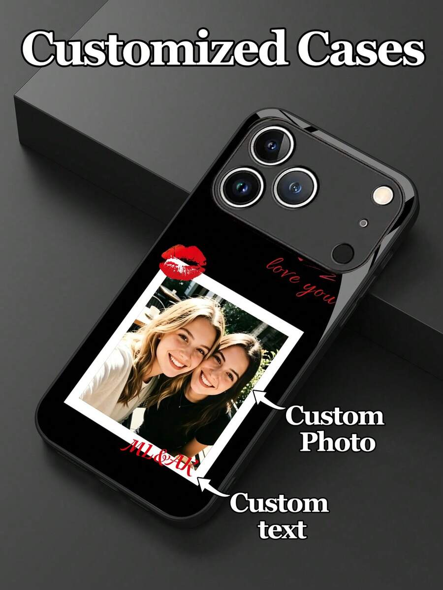 1 carcasă de telefon personalizabilă cu fotografie și text, cu design minimalist cu buze roșii, material din sticlă securizată, compatibilă cu 17 ProMax/17 Air/15/16 Pro/14 Plus/13 Pro/12 Pro Max/11/Xs Max/8/7/6 Plus, S24 Ultra/S25 Ultra, NOTE 13/14, K40, Mi 11, cadou ideal pentru Ziua Îndrăgostiților, nuntă, aniversare pentru iubit, iubită, familie, prieteni, bunici, cupluri - Negru - Vizualizare 1