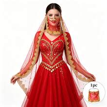 1pc Handmade Chiffon Veil With Hanging Gold Coins Elastic Headband Women's Belly Dance Costume, With Sequin Skirt Sari Style, Suitable For Festival Party Nightclub Beach Decor, Bohemian Vintage Style - Multicolor - View 4