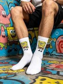 SpongeBob SquarePants 1双男士白色卡通海绵印花中筒袜，趣味休闲日常穿着袜子 - 彩色 - 查看 4