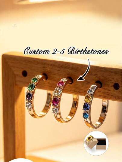 1 pieza Anillo de piedra natal personalizado, regalo del Día de la Madre, regalo para ella, joyería de mujer, anillo de promesa, joyería de oro, joyería DIY, anillo apilable minimalista con diamante simulado, anillo de piedras múltiples, anillo de piedra natal redondo familiar, regalo de anillo para madre y abuela, anillo de piedra natal de oro/plata, regalo personalizado para ella