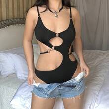 Top Sexy de una pieza para mujer, body ajustado con hombros acolchados, sin mangas, color negro, blanco - Negro - Ver 6