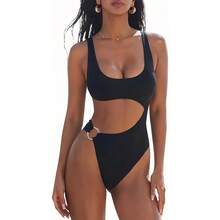 Women's Cutout One Piece Swimsuit, Scoop Neck High Cut Monokini With Side Cutout & Gold Ring Accent, Tummy Control Swimwear For Beach, Pool And Summer Vacation, 7 Colors Available - 豹紋2697-7 - 查看 4