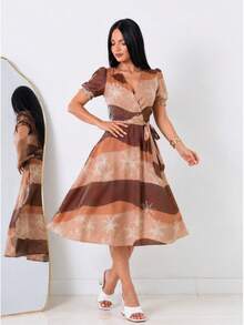 Women's Printed Dress, Flared, Casual, Elegant, Romantic Fabric - Rust Brown - View 3