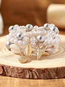 3pcs Bohemian Summer Beach Style Elegant Versatile Handmade Beaded Shell, Starfish Pendant, Layered, Elastic, Multi-Strand Beaded Bracelet Set, Suitable For Women, Beach, Bar, Large Gatherings, Parties, Perfect Gift For Friends And Family, All Seasons, Casual, Travel, Shopping, Photography, Commuting - Starfish - View 1