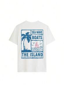 Women's Short-Sleeved Summer T-Shirt With A Palm Tree Print And Round Neck, Versatile And Fashionable, Perfect For A Casual Vacation Look. Printed T-Shirt For Women, Available In White, Black, And Pink, 100% Cotton. - 白色 - 查看 4