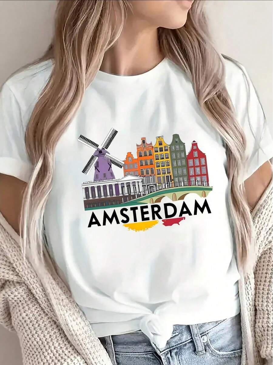 The Modern 2026 Women's T-Shirt Features A Design Of Amsterdam Windmills And Cityscapes, Making It Perfect For Casual Outings, Travel, Lounging At Home, Or Dining Out. It Has A Lightweight Yet Durable Construction, A Comfortable Fit, And Vibrant Prints. - 白色 - 查看 1