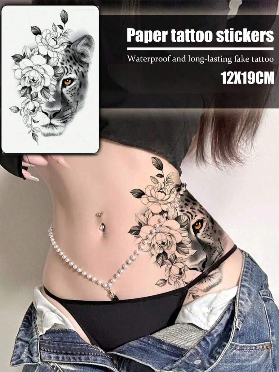 1张时尚酷炫临时纹身贴纸,情侣纹身,黑色仿真纹身,太极图案,玫瑰,花朵,老虎,动物,防水,不反光,易于粘贴和去除,高度逼真,男女皆宜,可贴于胸部、腿部、手臂、腰部、腹部、脚部,音乐节派对用品,素描风格 - 黑色 - 查看 1