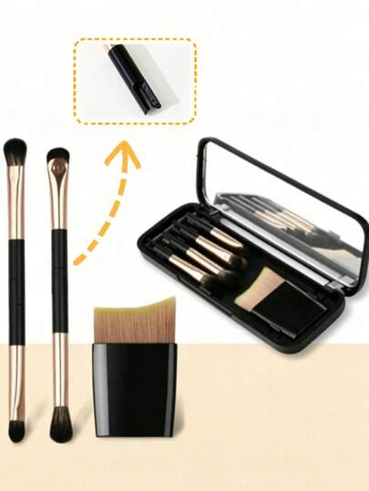 Bộ 4 cọ tán phấn mắt hai đầu cầm tay 5 trong 1 kèm gương và hộp đựng, cọ trang điểm mắt chi tiết, dụng cụ làm đẹp du lịch