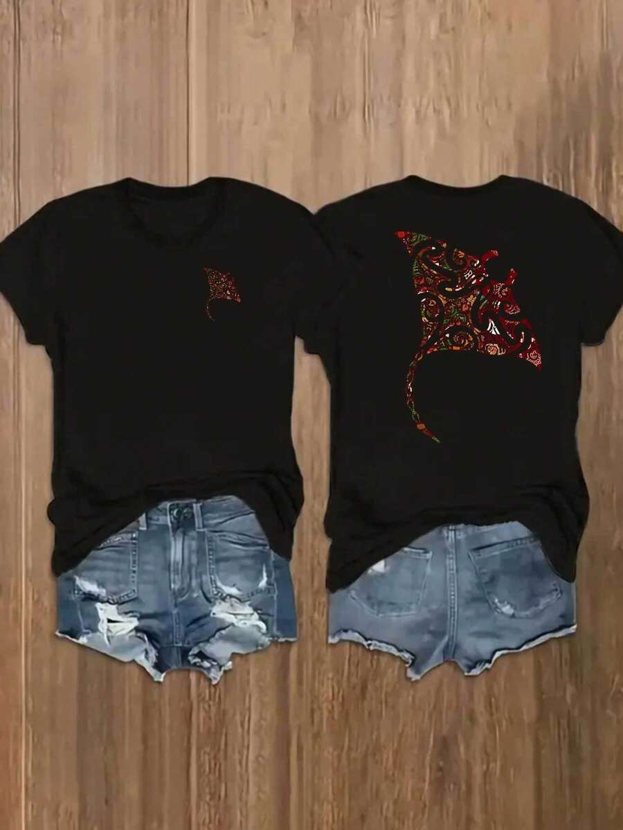Women's Casual Y2K-Style Sporty T-Shirt With A Round Neck And Short Sleeves, Featuring Creative And  Christmas Elements Along With A Polynesian-Style Geometric 'Manta Ray' Pattern Printed On Both Sides. This Summer Top Is Lightweight And Comfortable. - Black - View 1