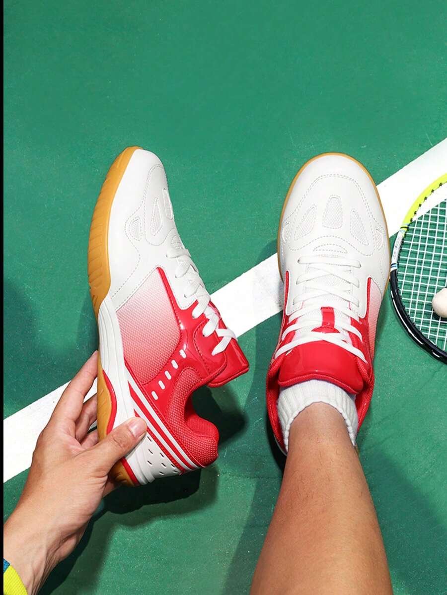 Men's Lace-Up Badminton Shoes, Lightweight Breathable Training Sneakers For Students - Red - View 1