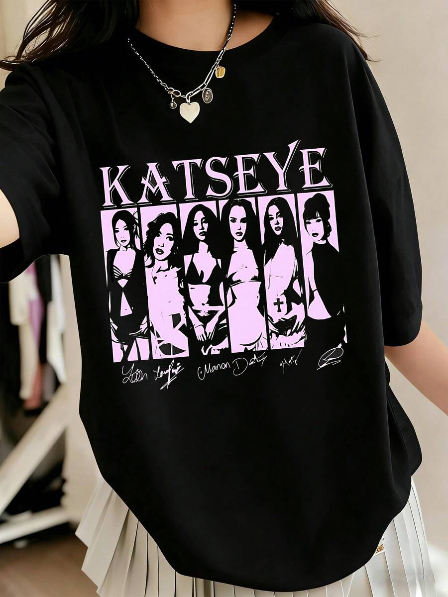 Katseye Music Shirt, Katseye K-Pop Graphic Tee, Katseye Beautiful Chaos Shirt - Comfortable Round Neck, Stretch Fit, Stylish & Versatile, Machine Washable, All-Season Outfit For Boys & Girls Ages 5-14, Perfect For Daily Wear, School Outfits, Family Gatherings, Birthday Parties - Ideal Gift For Fans & Kids - 黑色 - 查看 1