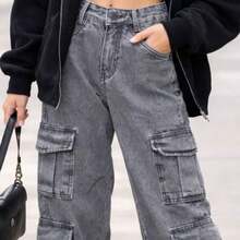 Girls' 4-Pocket Cargo Pants, Wide Leg Jeans - 石墨 - 查看 3