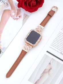 二合一兼容苹果手表表带和表壳（40mm、41mm、42mm、44mm、45mm、46mm、49mm），皮革表带饰有闪亮水钻蝴蝶，双排水钻装饰，防震PC表壳，兼容苹果手表Ultra/11/10/9/8/7/6/5/4/SE系列表带和表壳，优雅时尚的女士Bing智能手表表带保护壳。 - 棕色蝴蝶錶帶佐玫瑰金錶殼 - 查看 5