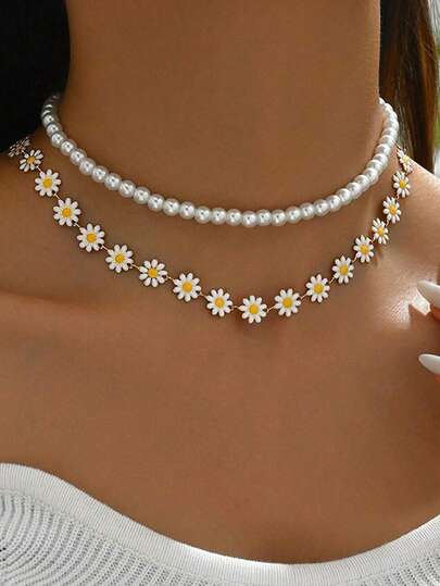 2pcs Vintage Faux Pearl Beaded Daisy Double-Layer Necklace, Women's Fashion Jewelry, Suitable For Daily Wear, Parties, Summer Beach Vacation, Gift For Friends