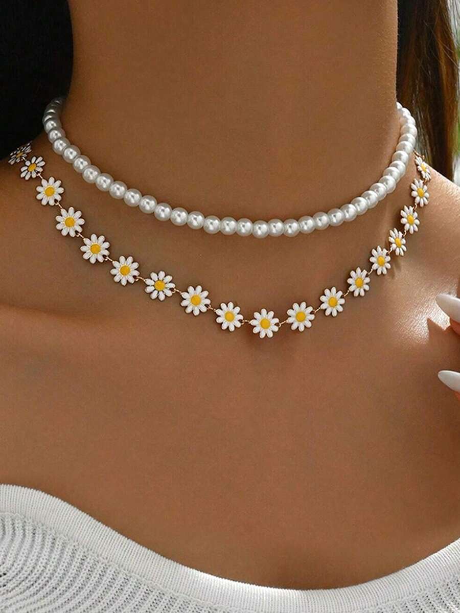 Bộ 2 vòng cổ hai lớp hình hoa cúc đính ngọc trai giả kiểu cổ điển, trang sức thời trang nữ, thích hợp để đeo hàng ngày, dự tiệc, đi nghỉ hè ở bãi biển, làm quà tặng cho bạn bè. - Nhiều màu - Xem 1