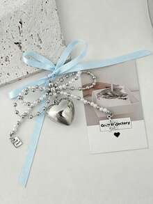 Decoraciones colgantes de lazo con perlas dulces estilo coreano, colgante de corazón plateado, llavero, accesorio colgante, accesorio lindo para bolso - Azul Agua - Ver 3