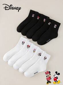 Disney 1/5/10 Bộ tất giữ ấm chân thêu hình hoạt hình Mickey, Minnie, Daisy, màu trắng và đen, dài đến giữa bắp chân, unisex, dành cho cặp đôi, nữ, rộng rãi, cao, vô hình - Đen và trắng - Xem 2