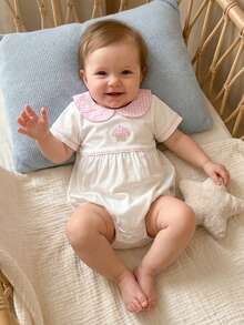 Baby Short Sleeve Romper Embroidered Plaid Doll Collar Summer Bubble Bodysuit For Girls Boys - 粉色 - 查看 2