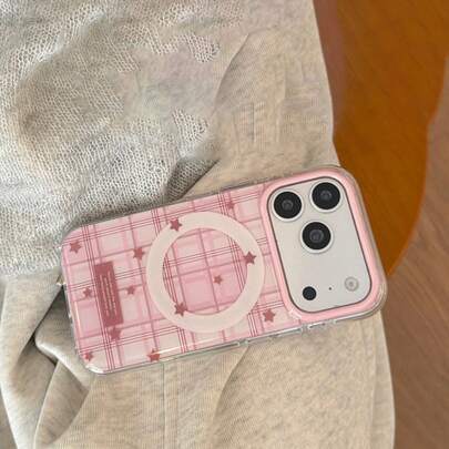 Moderiktigt kreativt rosa rutigt stjärnfodral lämpligt för iPhone 17 Pro Max / 16 Pro Max / 15 Pro Max / 14 Pro / 13, snyggt telefonskal för kvinnor/män, sött telefonskal, vår-/sommartelefonskal, födelsedags-/högtidspresent