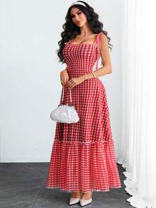 Vestido largo elegante, sexy y romántico de mujer con estampado de cuadros rojos retro y tirantes de mariposa - Rojo - Ver 6