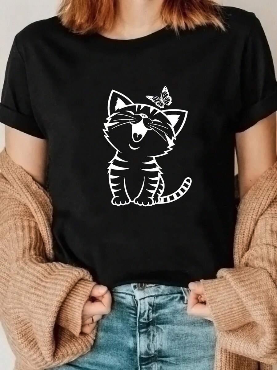 One-Piece New Spring/Summer Crew Neck T-Shirt With A Cute Cat Print And Butterfly Embellishments, Vibrant And Playful. Short-Sleeved Printed Crew Neck T-Shirt, Suitable For Women's Spring/Summer Running Activities, Fashionable And Stylish - 黑色 - 查看 1