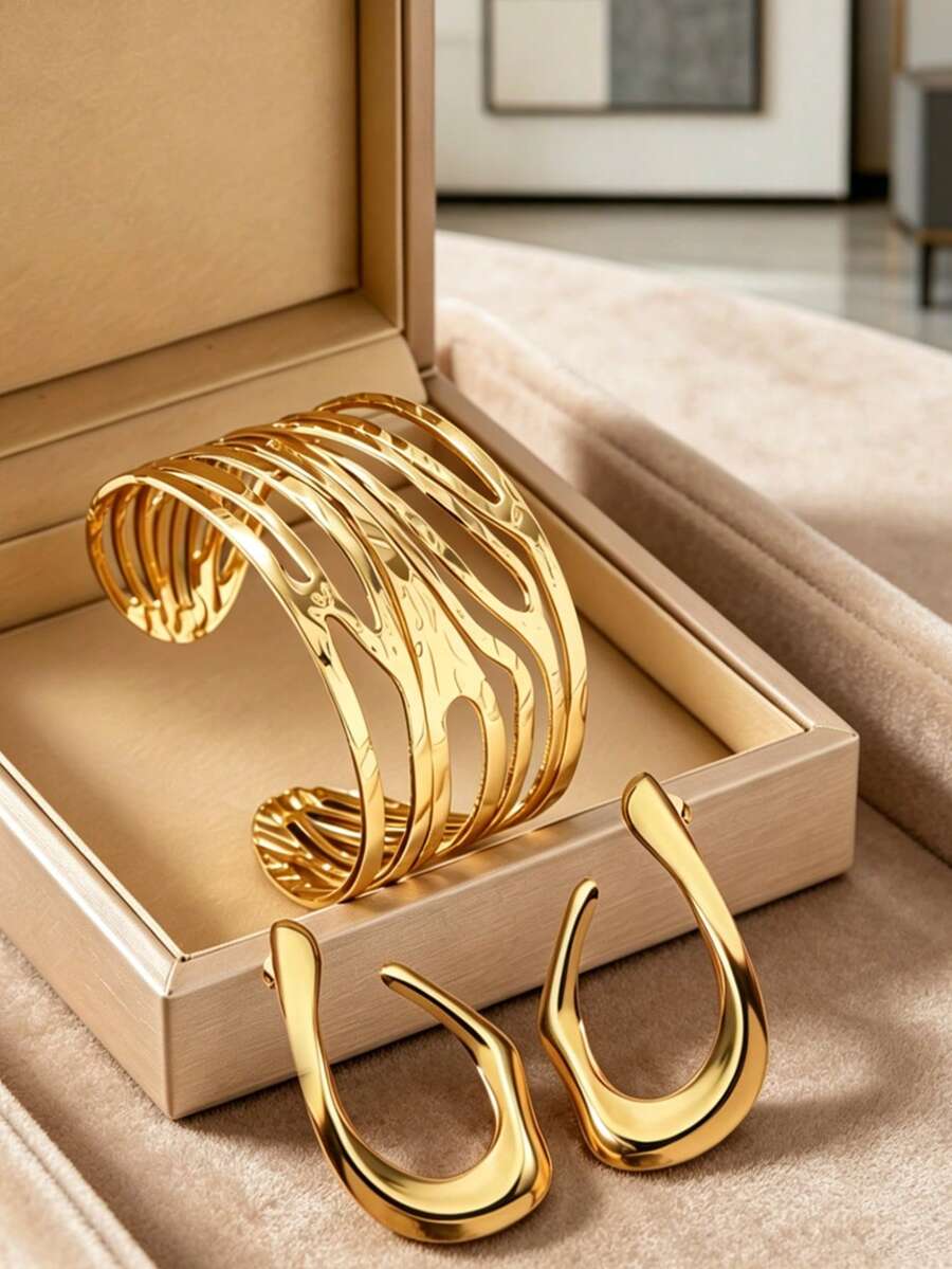 VceTd 1 Set Fashionable Exaggerated Asymmetrical Geometric Stainless Steel Jewelry Set, Suitable For Women's Daily Life, Parties, Galas, Gifts For Loved Ones Or Ladies - Yellow Gold - View 1