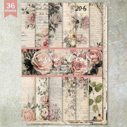 36 feuilles A5 de papier scrapbooking avec fond floral et texte anglais, convient pour les bullet journals, les collages, les cartes, les scrapbooks et les loisirs créatifs