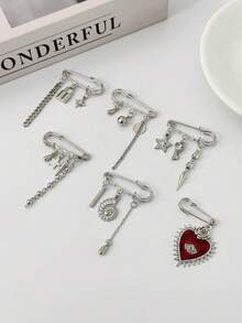 6pcs Vintage Gothic Fashion Casual Multi-Element Pendant Brooch Set, Including Metal Rivets, Keyhole, Starburst, Heart, Chain Tassel Lapel Pins, Suitable As Jacket, Shirt, Sweater, Scarf, Dress Jewelry Accessories, Ideal For Women's Daily Wear And Commute, Holiday Gift - Silver - View 7