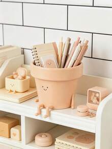 Cute Cartoon Face Large Capacity Pen Holder - Desk Organizer. Holds Pens, Markers, And Stationery. Portable Design, Suitable For Students And Office Workers. Off-White Color With A Playful Smiling Face Print. Office Supplies And Accessories, Desk Accessories, Desktop Accessories. - A - View 5