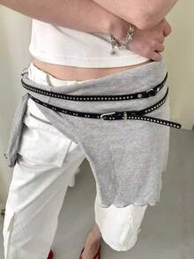 1条女士白色PU材质街头风双层铆钉腰带 - 黑色 - 查看 2