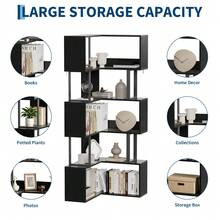 Space-Saving L-Shaped Corner Bookshelf, 6-Tier Freestanding Bookcase, Tall Metal And Wood Storage Rack With Baffle, Modern Industrial Display Shelf For Living Room, Home Office - màu đen - Xem 3