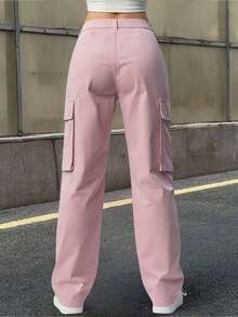 Pantalones cargo de unicolor casual y sencillo para primavera - Rosa - Ver 5