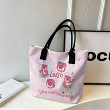 Disney Pixar Toy Story Lotso Bear Tote Bag, Large Capacity Canvas Shoulder Bag, Casual Handbag For Work, School, Shopping, Travel, Daily Use, Home Decoration - Pink - View 5