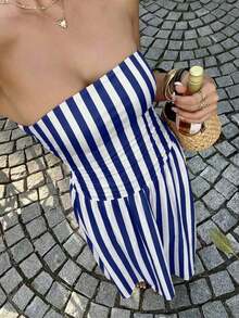 Vestido bandeau con cintura ceñida y estampado de lunares, estilo vacacional - Multicolor 7 - Ver 3