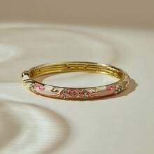 ORNAPEADIA 1pc Women's Handpainted Enamel Floral Open Bangle Bracelet, Gold-Plated Alloy Rhinestone Inlaid, Vintage Stackable Niche Design Jewelry - Mixed Color 3 - View 8