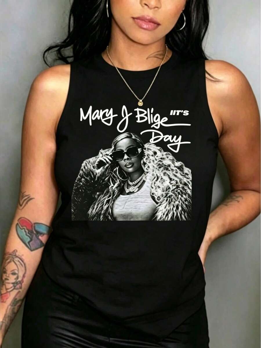 Mary J Blige Graphic Tank Tops Women, Y2K Summer Sleeveless Tops, Music Festival Going Out Crop Tops, Casual Streetwear - 黑色2 - 查看 1