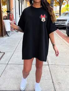 1pc Women's Short Sleeve T-Shirt Dress, Disney Minnie Mouse And Daisy Duck Graphic Print T-Shirt Dress, Front And Back Print, Round Neck With Slight Stretch, Suitable For Daily Wear, Women's Short Sleeve Dress, Ladies T-Shirt Dress, Fashionable Casual T-Shirt Dress - Black - View 3