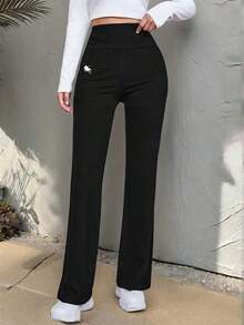 Pantalones acampanados de talle alto ancho para mujer, color negro sólido, diseño favorecedor y corte ajustado, tejido elástico y cómodo, ideal para uso diario, salidas informales, combinaciones casuales y primavera-verano - Negro 3 - Ver 6