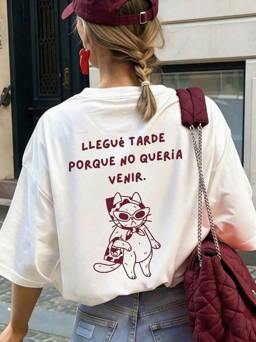 [Free 3-Day Delivery]Camiseta De Hombros Caídos Extragrande Con Texto En Español Y Estampado De Gato Genial. - Style1 - View 1