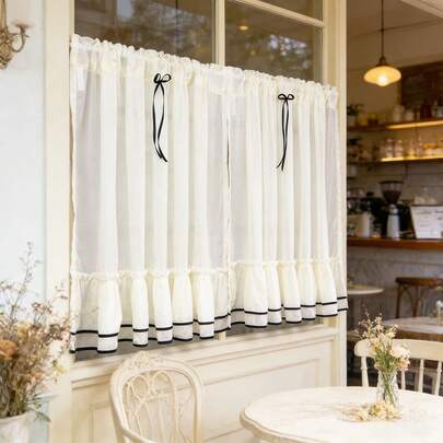 1/2-Panel französischer Stil beige transparente Vorhänge mit schwarzer Schleife, raffinierter Vintage-Stil transparente Voile, geeignet für kleine Fenster, Küchen und Schranktüren - Gardinenaufhängung mit Schlaufenband