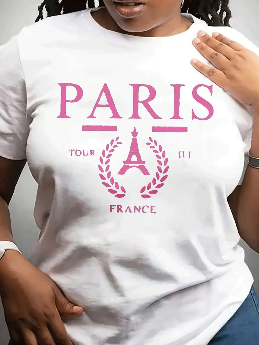 Women's Vintage French Paris Eiffel Tower T-Shirt - Short Crewneck Casual Top With Iconic Landmark Print, French Retro Style Tee For Casual Wear And Gifts, Washable - 白色 - 查看 1