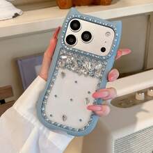 Rhinestone Cat Ear Frame Phone Case Suitable For IPhone 17 Pro Max, 17 New, 16 Pro Max, Luxury, Anti-Fall, Elegant, Sweet Girl Style Phone Protective Cover - Blue - View 3