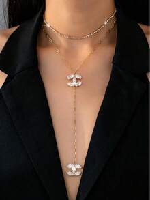 Bộ 2 dây chuyền hình chữ Y thanh lịch, dây chuyền mặt dây chuyền dành cho nữ, bộ trang sức thời trang, phù hợp để đeo hàng ngày và dự tiệc. - Vàng - Xem 1