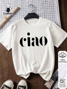 Plus Size Women's Casual Short Sleeve T-Shirt, 100% Cotton, CIAO Print, Chinese New Year, Year Of The Horse, Spring Festival, Happy New Year, Valentine's Day, White Summer - 白色 - 查看 2