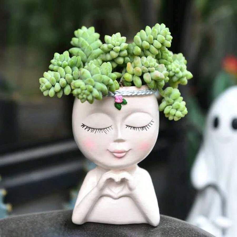 1 jardinieră în formă de inimă cu orificiu de drenaj, ghiveci suculent din rășină cu portret feminin, potrivit pentru plantare în interior/exterior, adaugă o atmosferă de basm grădinii - jardinieră din rășină potrivită pentru plante suculente și depozitare - A - Vizualizare 1