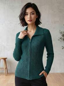 Women's Long-Sleeved Knit Coat, Winter Sweater With Zipper, Textured Knit, Modern Fashion - Rừng xanh - Xem 1
