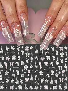 5D Embossed White Flower Nail Stickers, Self-Adhesive Floral & Butterfly Nail Art Decals, Elegant Pink & White Flower Nail Decorations For Romantic Manicure, Spring Summer Flower Slider Nail Decoration Nail Art Supplies - Multicolor - View 3